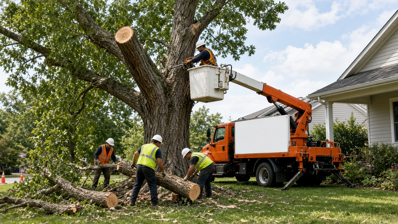 Crew removing a large tree beside a house