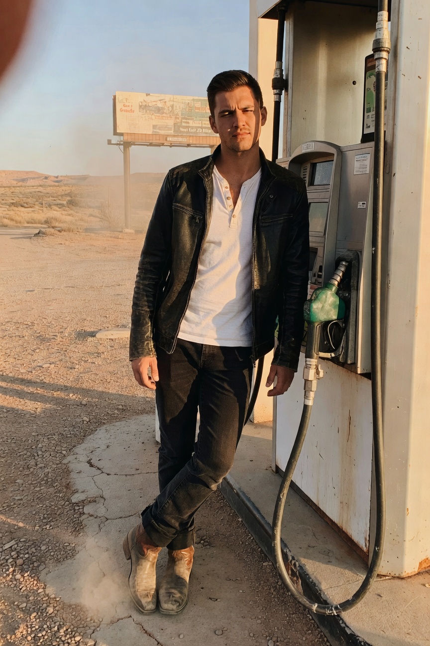 Man in black leather jacket over white open-collar tee, slim black pants, and tan low boots, leaning casually at an outdoor gas pump in a dusty desert area