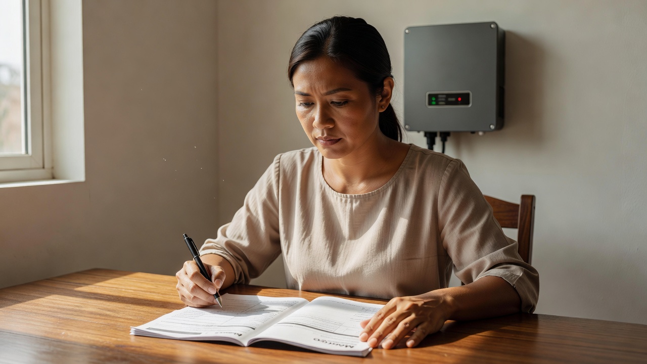 A Filipino woman in her early 40s at a sunlit wooden dining table, Meralco electricity bill spread open before her and a