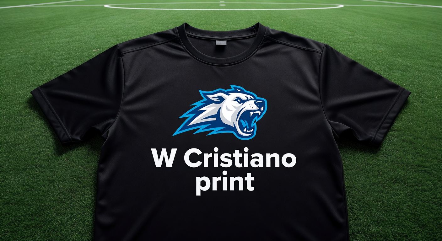 Speed FC black tee with barking dog logo and W Cristiano print laid flat on green turf background, p