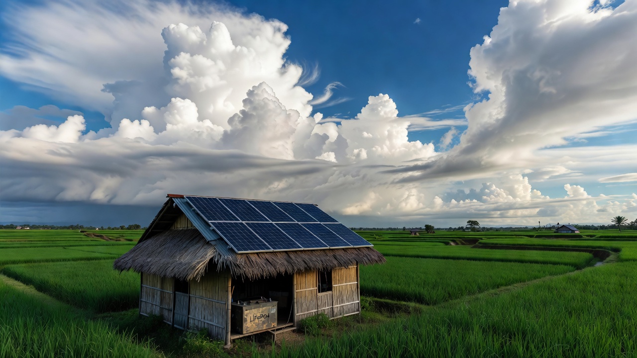 Sweeping landscape photograph of a rural Filipino home in Quezon province — a full off-grid solar array spanning a corru