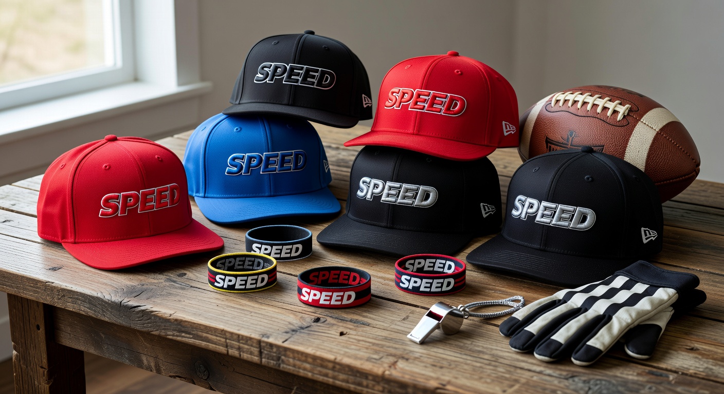 Assortment of Speed racing snapback hats and wristbands on wooden table with football elements, prof