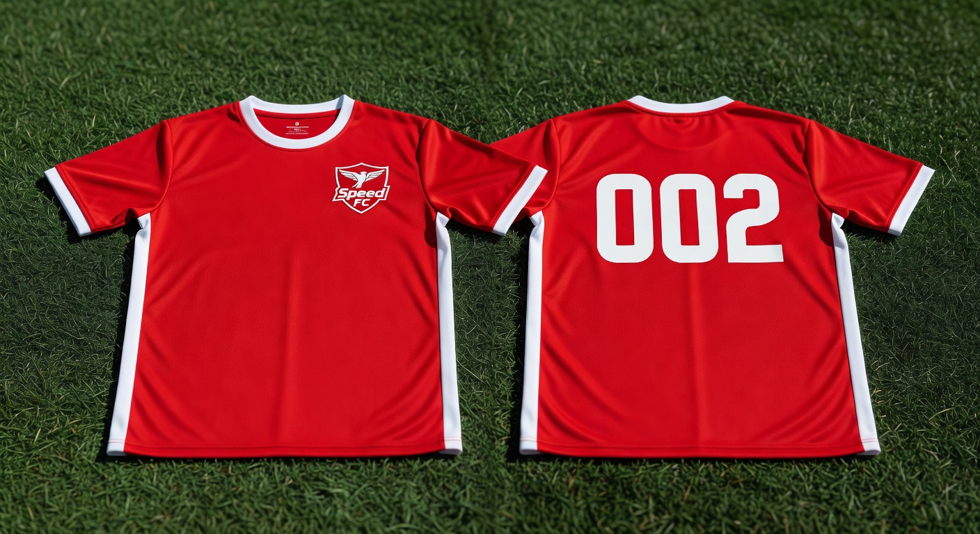 Speed FC Kit 002 football jersey laid out on green astroturf, front and back views side by side, vib