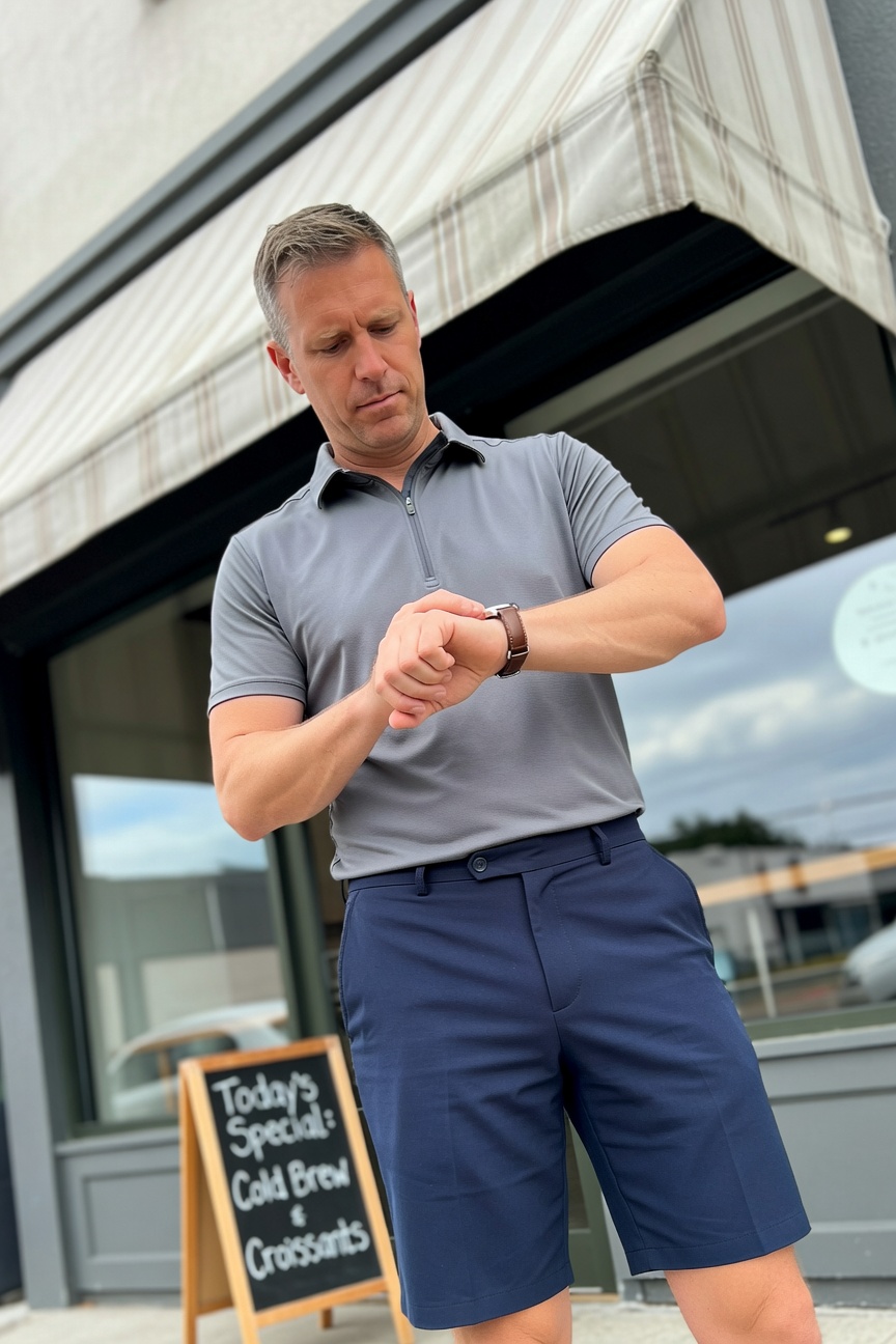 Man in gray short-sleeve polo shirt and navy tailored shorts checks his watch outside a cafe with a chalkboard sign for cold brew and croissants, evoking sleek summer casual style
