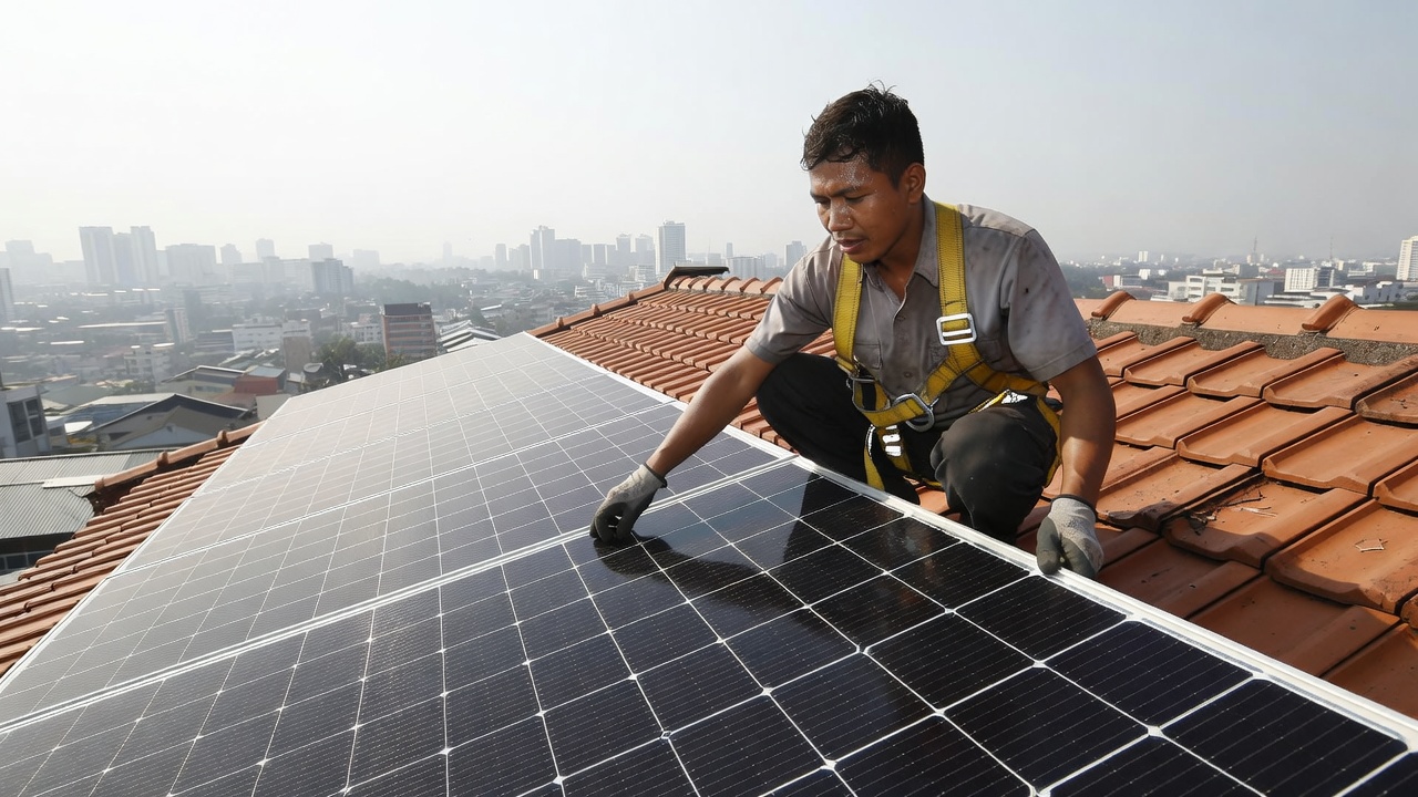Wide-angle editorial photograph of a Filipino solar technician in a yellow safety harness crouching to inspect a row of