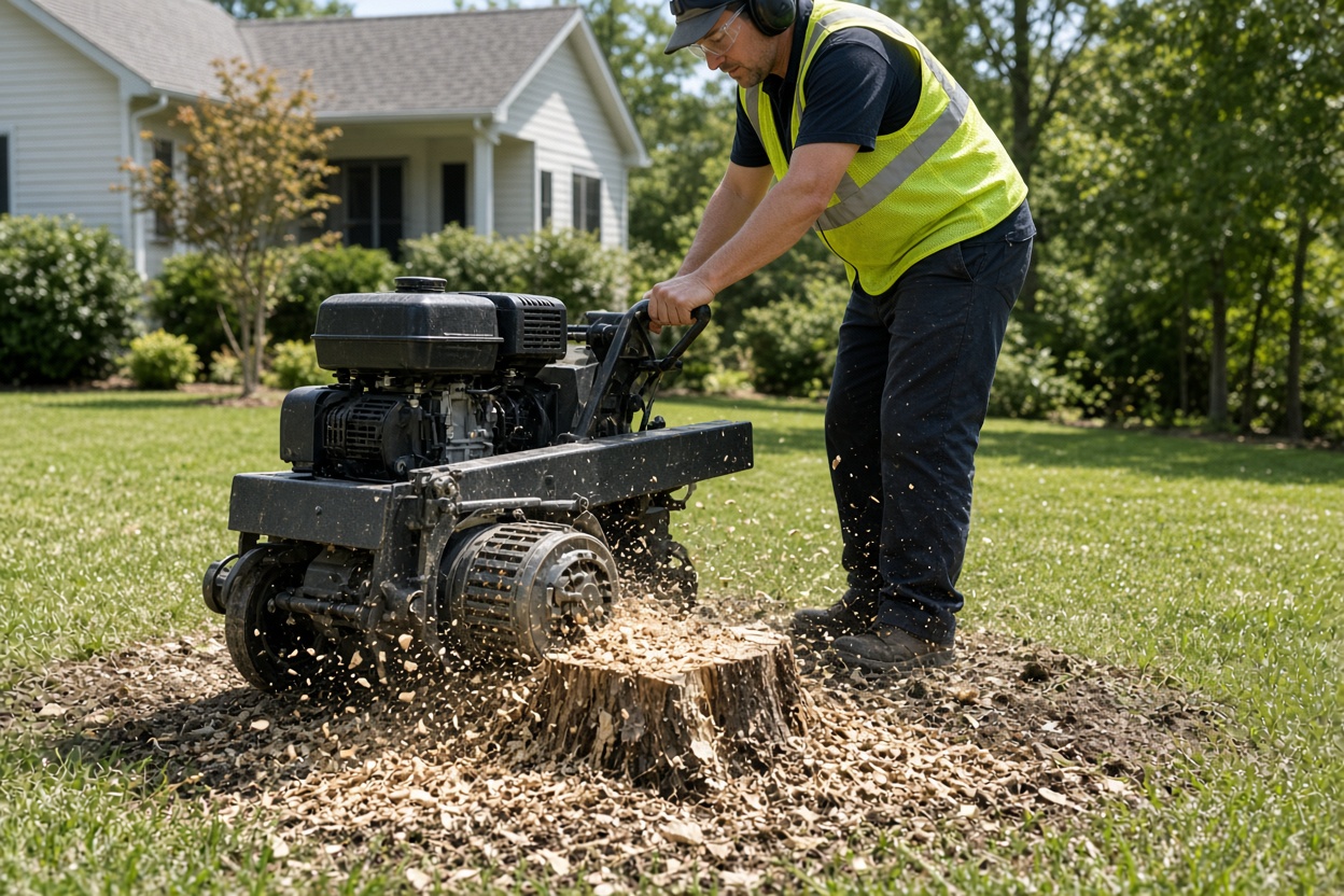 Stump grinder finishing a stump in a clean residential yard