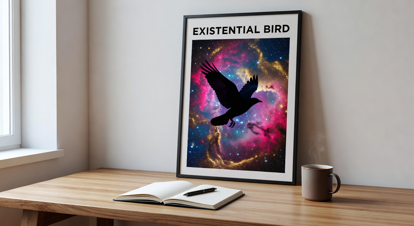 Framed Existential Bird poster on a modern wooden desk with notebook and coffee mug nearby, soft win