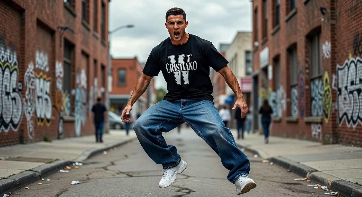 Model wearing W Cristiano Shirt styled with baggy jeans and sneakers, dynamic pose mimicking Ronaldo